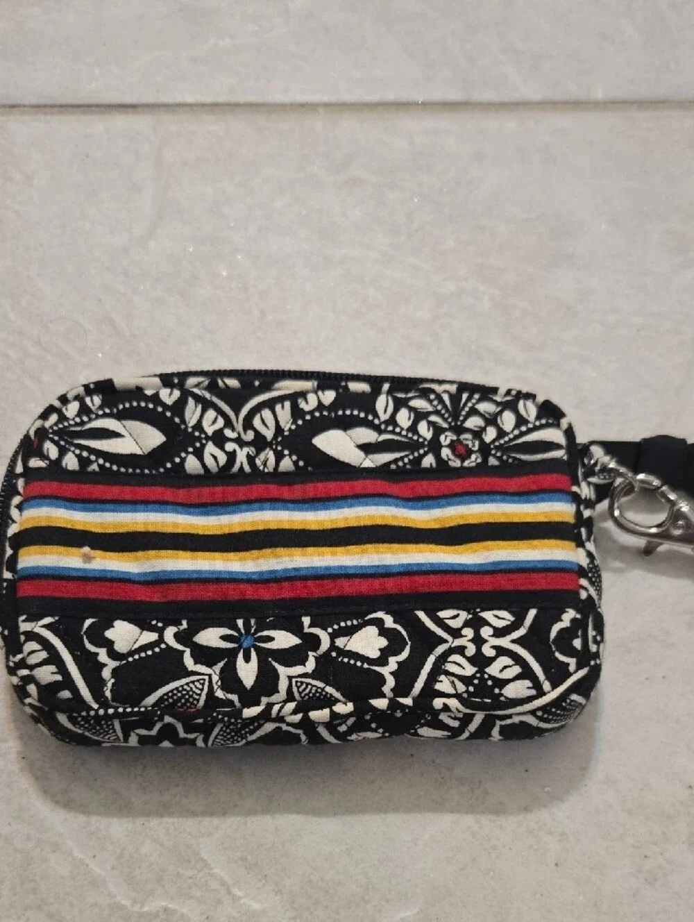 Vera Bradley Black Floral Wristlet with Multicolor Stripe Accent